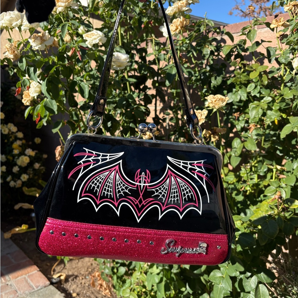 Sourpuss Black and Pink Bat Shoulder Bag